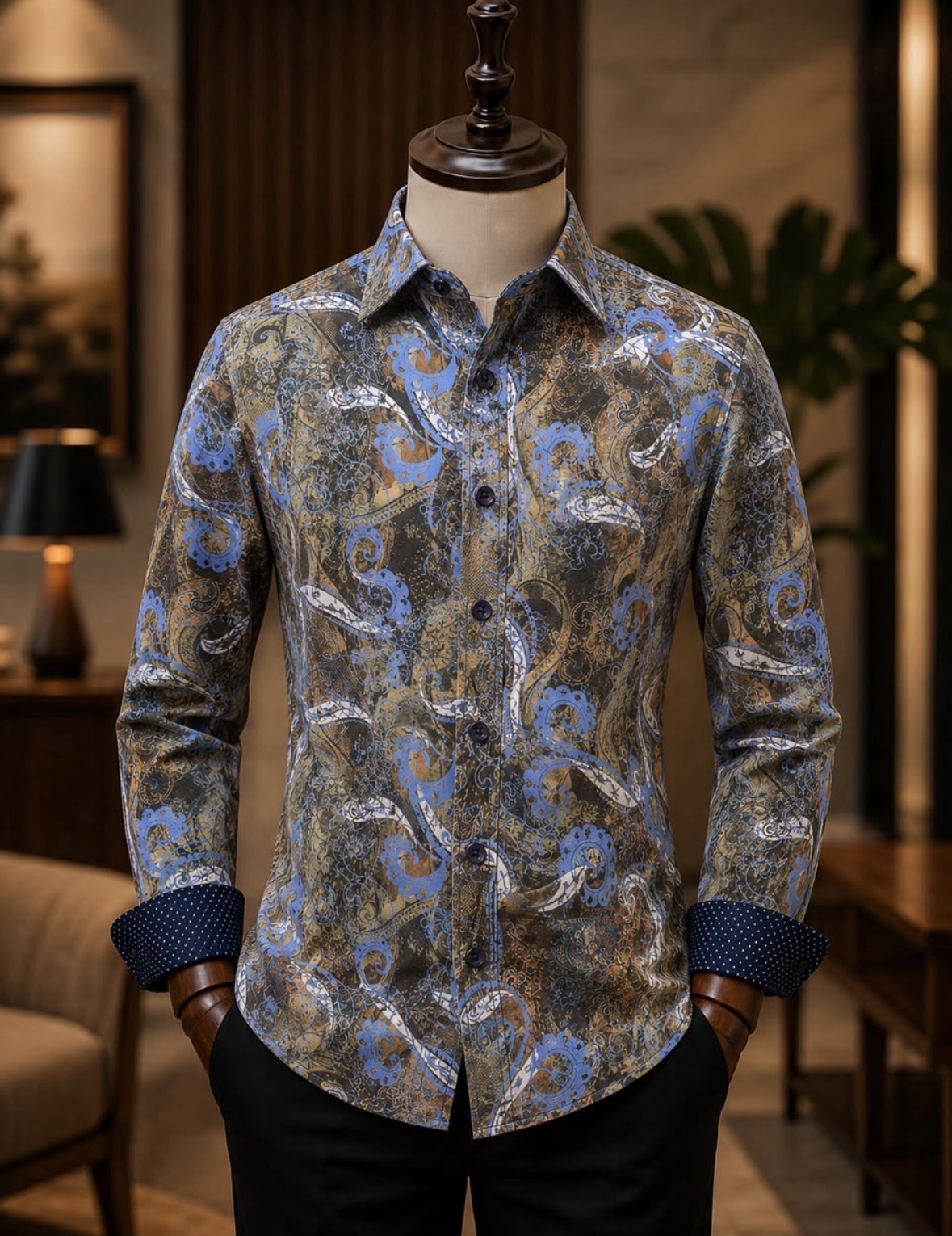 Men's slim fit paisley satin dress shirt.