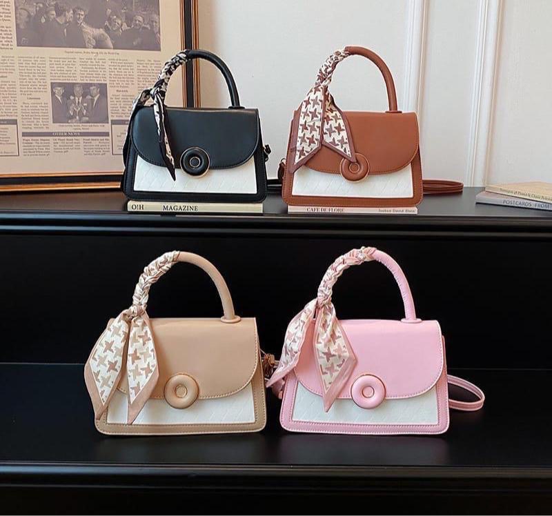 Scarf ribbon button flap top-handle bag